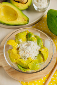High angle view of food in plate on table