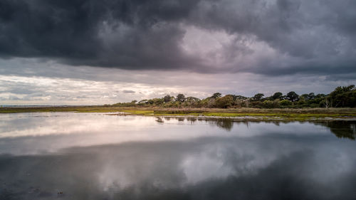 Scenic view of lake against cloudy sky