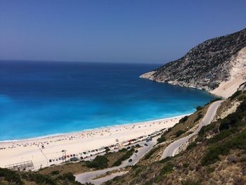 Scenic view of sea against clear blue sky