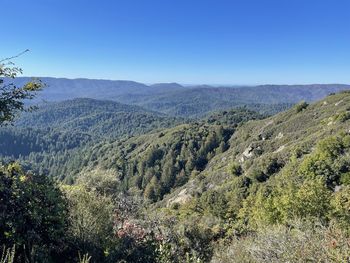 Scenic view of mountains against clear blue sky