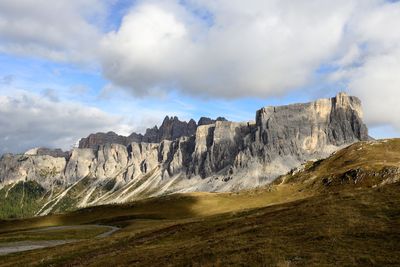 Scenic view of mountains against cloudy sky