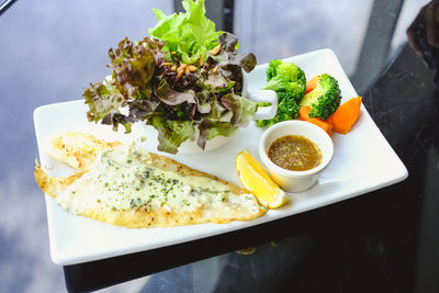 High angle view of food in plate