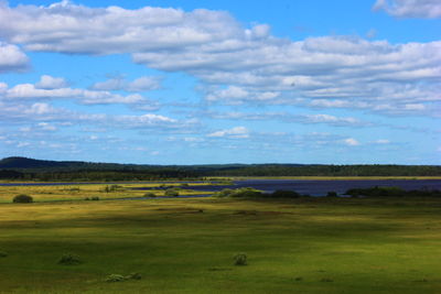 Scenic view of grassy field against cloudy sky