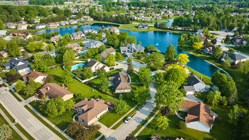 High angle view of buildings in city