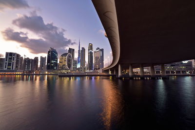 Dubai, uae  dubai skyline from marasi st, dubai business bay, dubai canal, near burj khalifa 