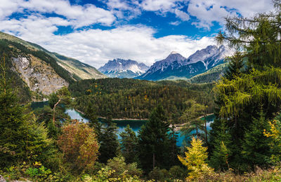 Scenic view of lake and mountains against sky