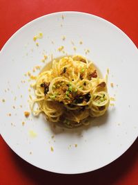 High angle view of food in plate on table