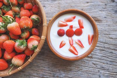 High angle view of strawberries in bowl on table