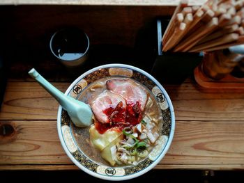 High angle view of food served in plate on table