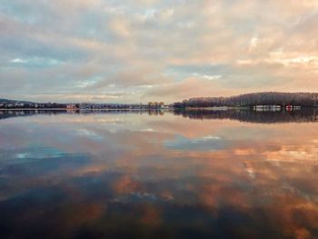 Scenic view of lake against sky at sunset