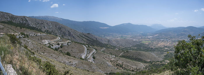 Extra wide angle panoramic view from rocca calascio on campo imperatore and the gran sasso massif