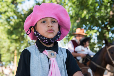 Portrait of little argentinian girl wearing traditional clothing