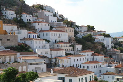 High angle view of residential buildings against sky