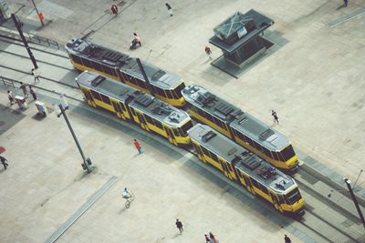 High angle view of people on road in city