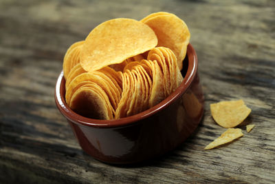 Close-up of potato chips in bowl on table