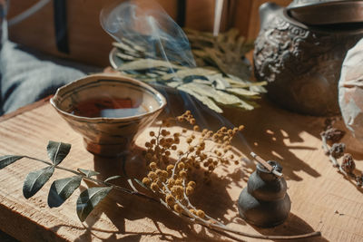 High angle view of chinese tea cup on table