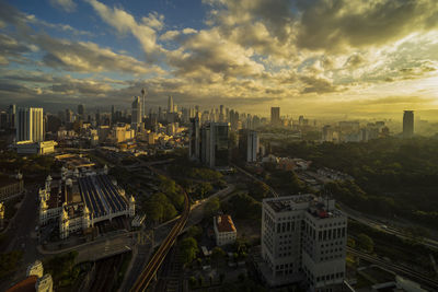 High angle view of cityscape against sky during sunset