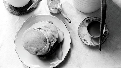 High angle view of bread in plate on table