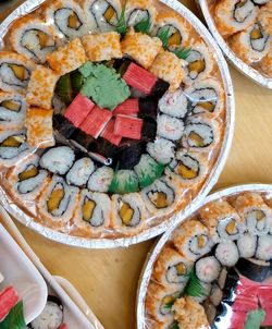 High angle view of sushi served on table