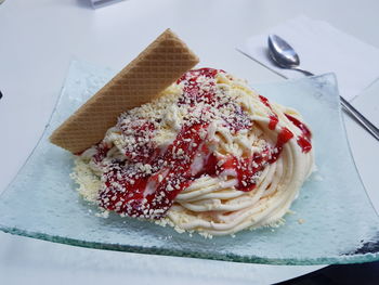 High angle view of dessert in plate