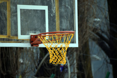 Low angle view of basketball hoop against window