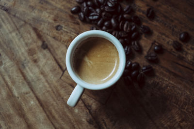 High angle view of coffee cup on table