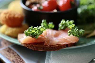 Close-up of breakfast served on table