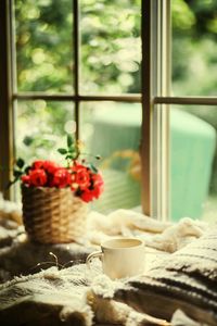 Close-up of coffee cup with flowering plant by window at home