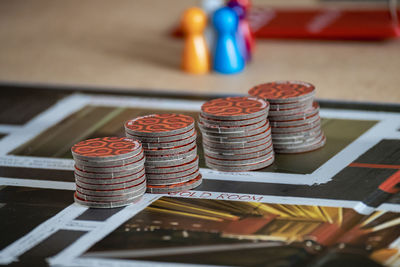 Close-up of coins on table