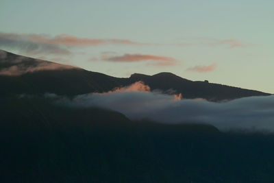 Scenic view of mountains against sky during sunset