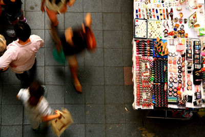 High angle view of people on the road