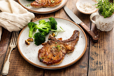 High angle view of food in plate on table