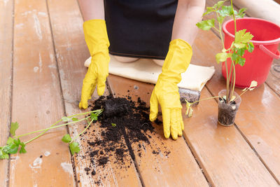 Low section of woman working on wooden floor