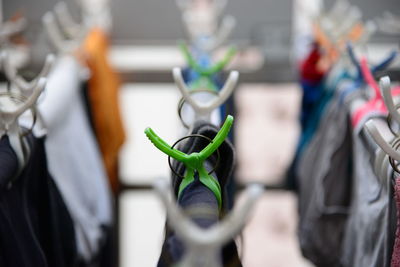 Close-up of clothespins on clothing