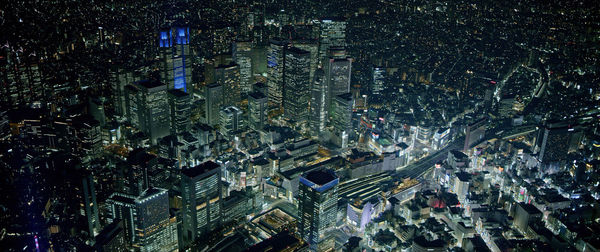 High angle view of city lit up at night, tokyo-japan