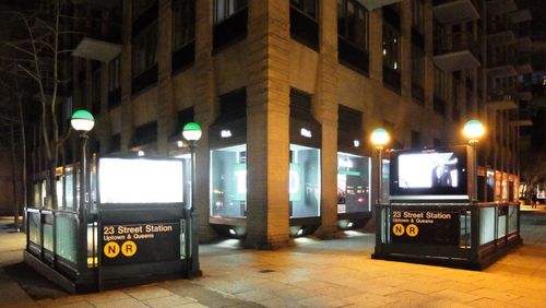 Railroad station platform at night