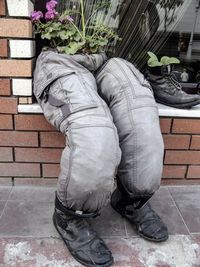 Close-up of man standing on brick wall