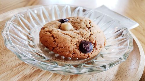 High angle view of cookies in plate on table