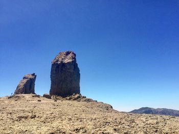 Rock formations on land against clear blue sky