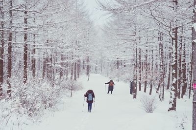 People walking on snow covered land