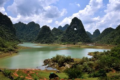 Scenic view of lake and mountains against sky