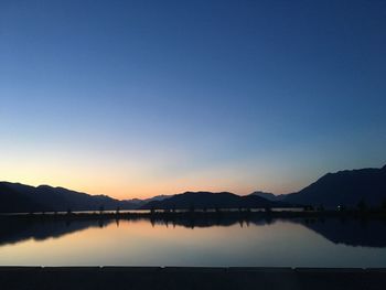 Scenic view of lake against clear sky during sunset