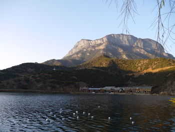 High angle view of birds swimming on lake against mountains