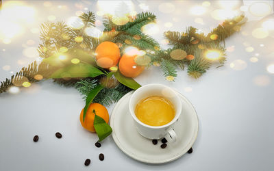 High angle view of christmas decorations on table