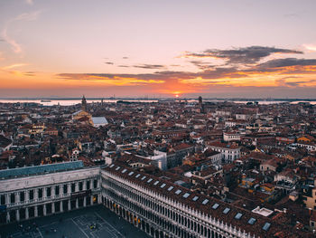 High angle view of cityscape during sunset