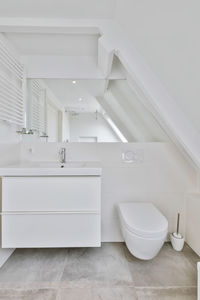 Bathroom with mirrored sink and toilet in the bright attic of the house