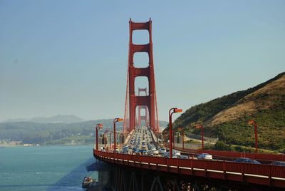 Golden gate bridge by river against clear sky on sunny day