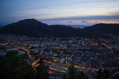 Aerial view of bergen city in norway at dusk