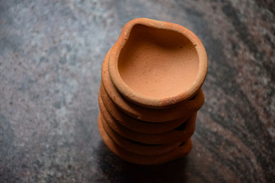 High angle view of bread on table against wall