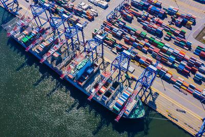 Container ship in export and import and logistics. shipping cargo to harbor by crane. . aerial view